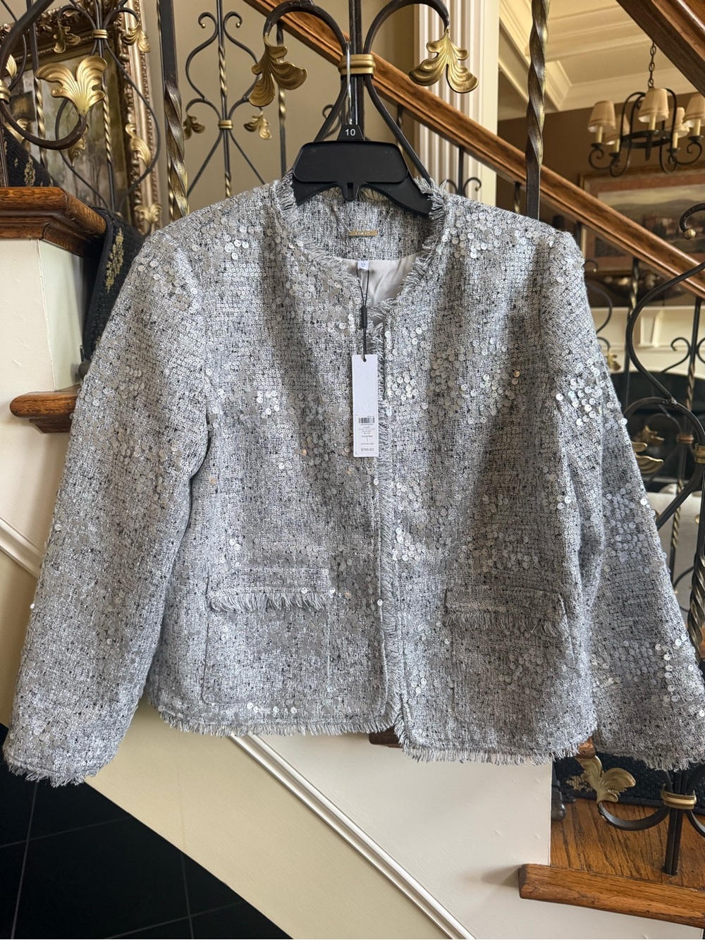 Chico’s NWT Silver Tweed Jacket. Sequins. Lined size 1 . Frayed trim. Beautiful